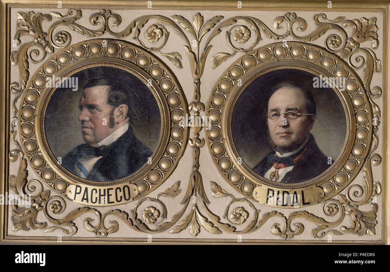 SALON DE CONFERENCIAS - MEDALLON - JOAQUIN FRANCISCO PACHECO Y GUTIERREZ JOSE CALDERON Y PEDRO PIDAL - 1866. Autor: Vicente Palmaroli y Gonzalez (1834-1896). Lage: CONGRESO DE LOS DIPUTADOS - PINTURA, MADRID, SPANIEN. Stockfoto