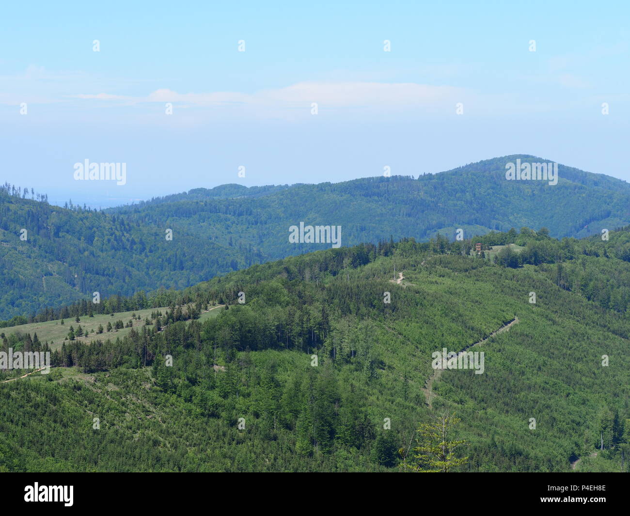 Beeindruckende Salmopol Pass in der Nähe von Mount Kotarz in Schlesischen Beskiden Reihe Landschaften in der Nähe von europäischen Stadt Szczyrk in Polen mit klaren blauen Himmel Stockfoto