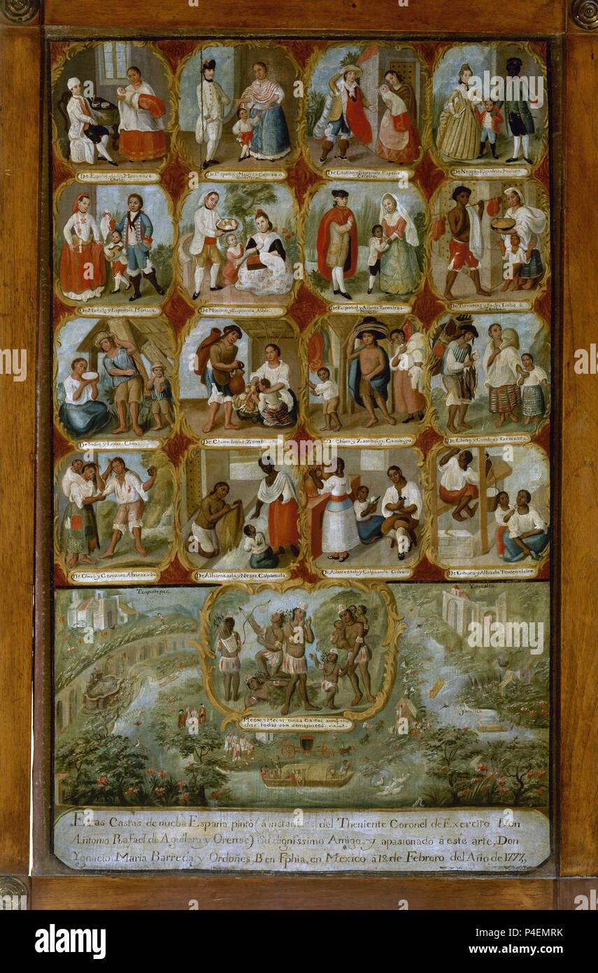 Spanish School. Neue Spanien Kasten. Casta de Nueva España. 1777. Öl auf Leinwand 77 x 49. Madrid, Akademie für Sprache. Thema: Ignacio María Barreda (1750-1800). Ort: ACADEMIA DE LA LENGUA - COLECCION, MADRID, SPANIEN. Stockfoto