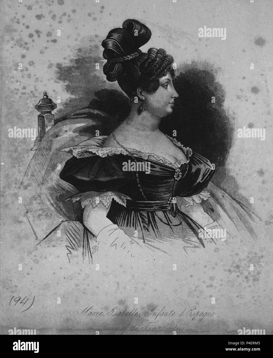 RETRATO DE MARIA ISABEL INFANTA DE ESPAÑA Y REINA DE LAS DOS SICILIAS - GRABADO S XIX. Lage: MUSEO ROMANTICO - GRABADO, MADRID, SPANIEN. Stockfoto