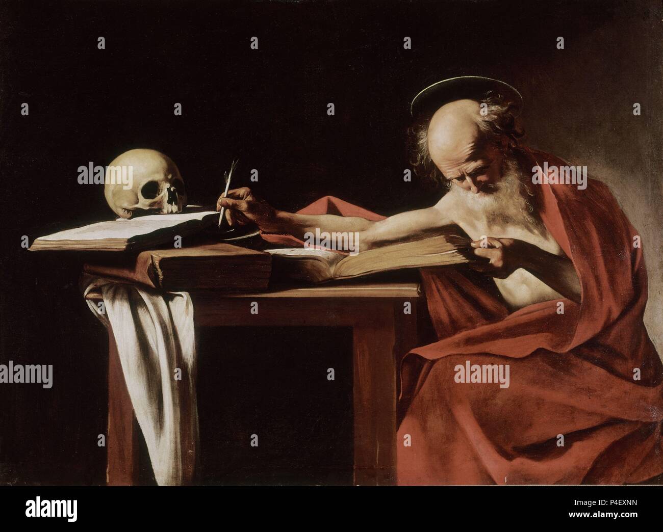 Der hl. Hieronymus Schreiben - 1605/06 - 112 x 157 cm - Öl auf Leinwand - italienischen Barock. Autor: Caravaggio (C. 1570-1610). Ort: Galeria Borghese, Rom, Italien. Auch als: SAN JERONIMO ESCRIBIENDO bekannt. Stockfoto