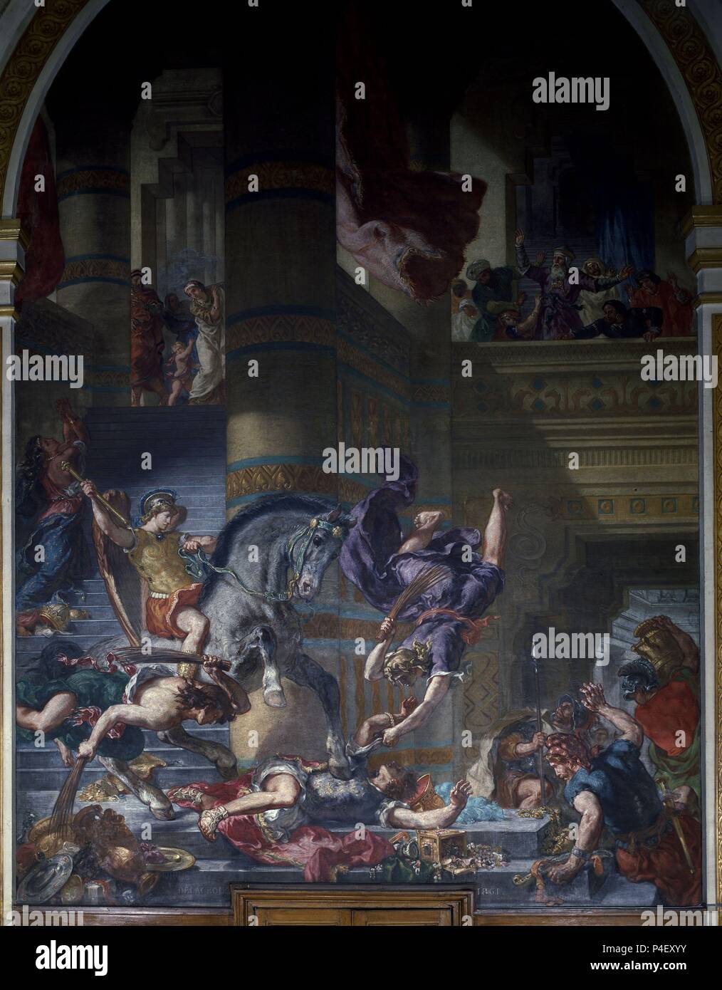 LA AUSWEISUNG DE HELIODORO DEL TEMPLO - SIGLO XIX - FRESCO-ROMANTICISMO FRANCES. Autor: Eugene Delacroix (1798-1863). Lage: Iglesia de San SULPICIO, Frankreich. Stockfoto