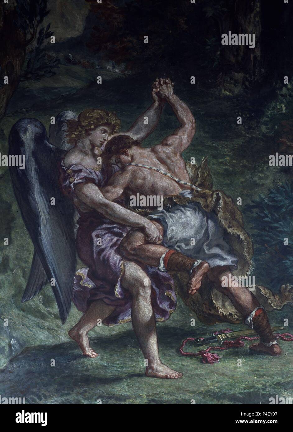 LA LUCHA DE JAKOB Y EL ANGEL - 1857 - FRESCO-ROMANTICISMO FRANCES. Autor: Eugene Delacroix (1798-1863). Lage: Iglesia de San SULPICIO, Frankreich. Stockfoto