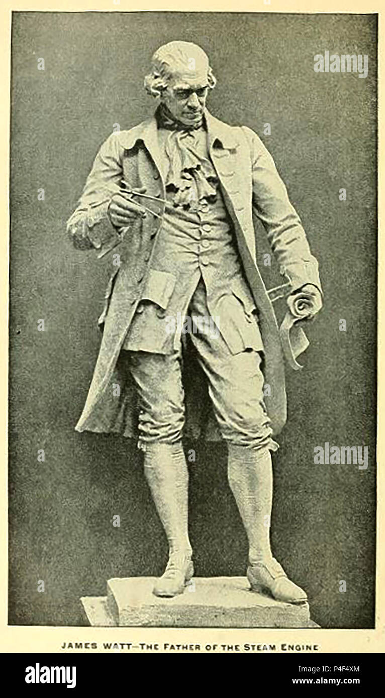 1899 Illustration einer Statue in voller Länge von James Watt (1736 - 1819) FRS Renfrewshire, Schottischer Chemiker und Erfinder der Dampfmaschine. Stockfoto
