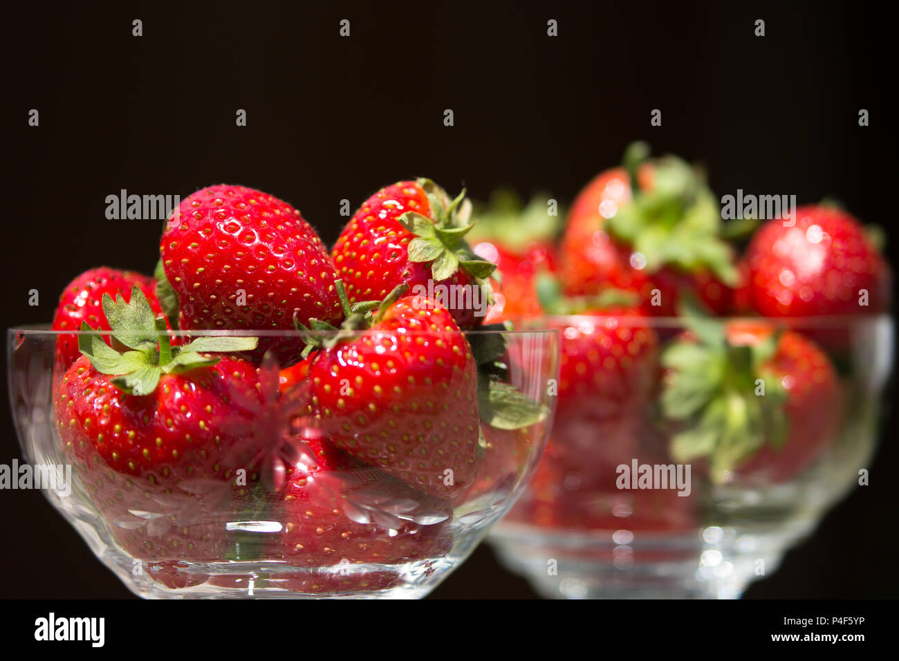 Nahaufnahme von zwei Kristallglas Dessertspeisen voller frischer saftiger Erdbeeren mit Blättern & Stielen, schwarzer Hintergrund. Obstschale im Innenbereich isoliert. Stockfoto
