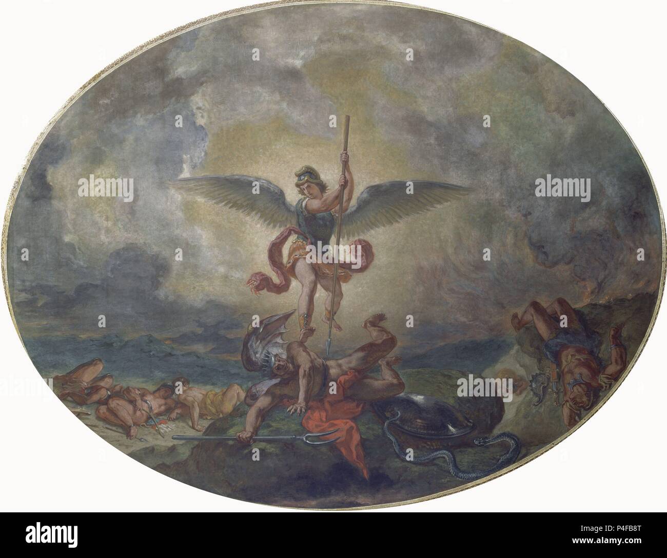 SAN MIGUEL ARCANGEL VENCIENDO AL DRAGON - SIGLO XIX - ROMANTICISMO FRANCES. Autor: Eugene Delacroix (1798-1863). Lage: Iglesia de San SULPICIO, Frankreich. Stockfoto