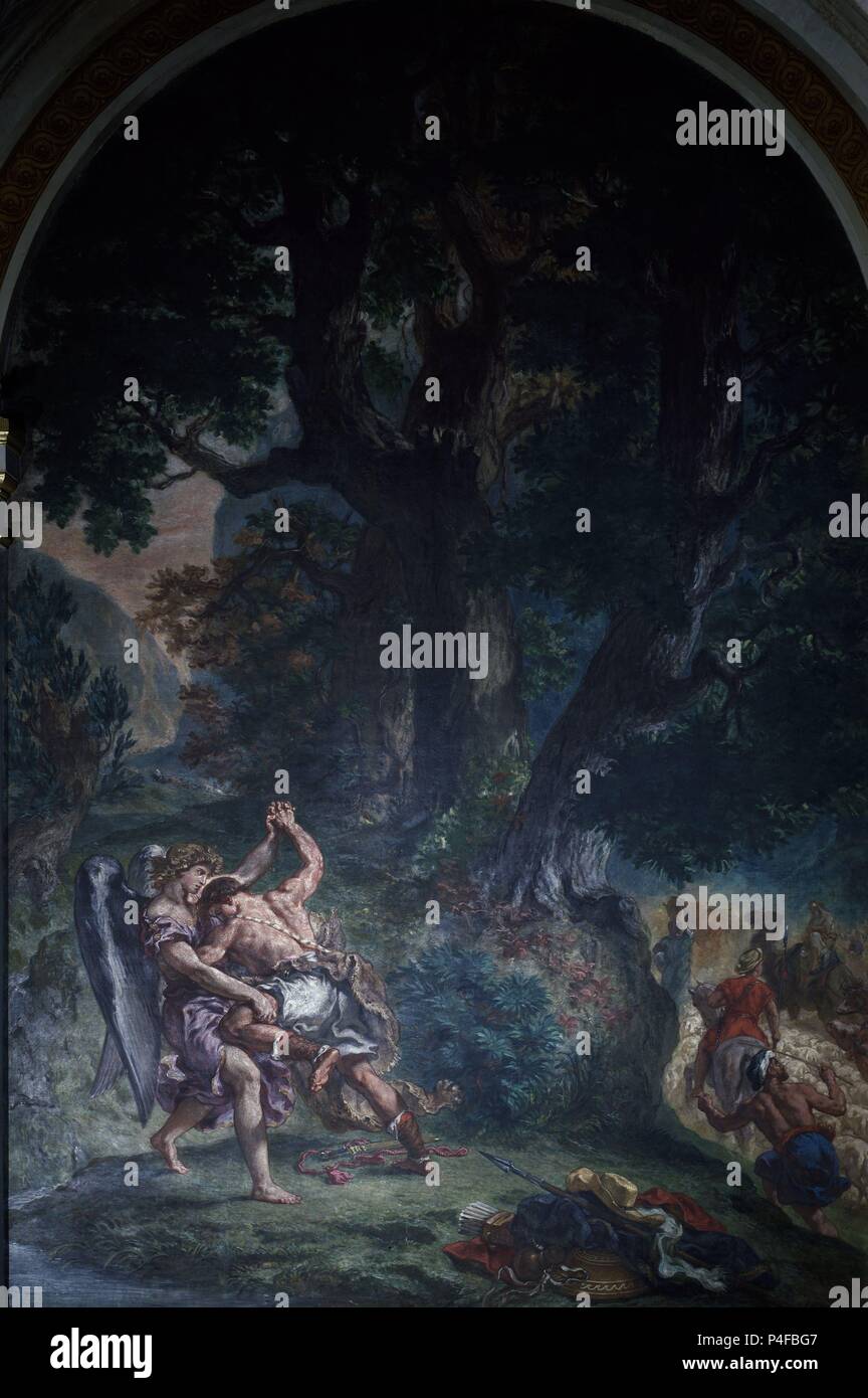 LA LUCHA DE JAKOB Y EL ANGEL - 1857 - FRESCO-ROMANTICISMO FRANCES. Autor: Eugene Delacroix (1798-1863). Lage: Iglesia de San SULPICIO, Frankreich. Stockfoto