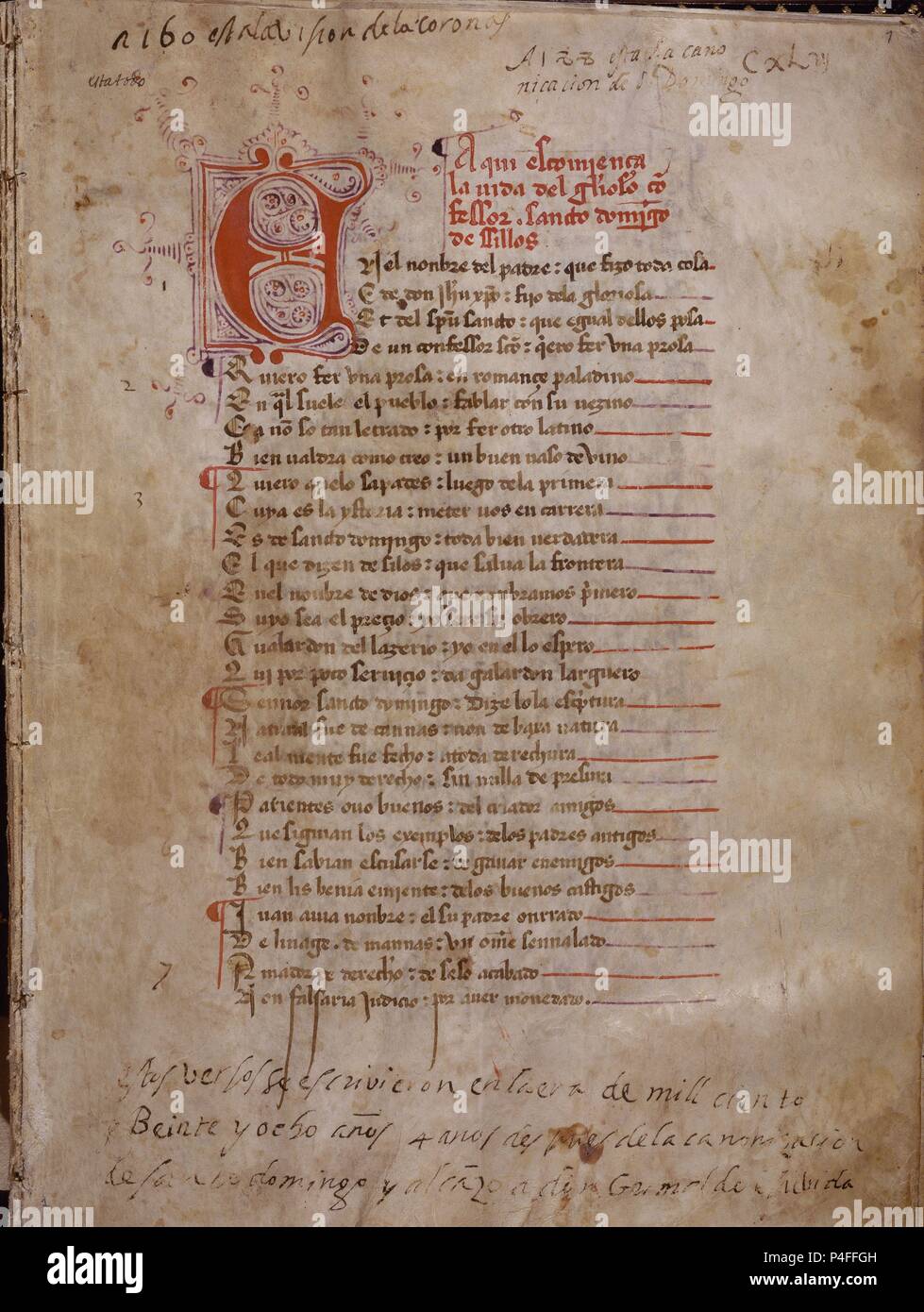 PAGINA DE LA VIDA DE SANTO DOMINGO - 1128. Autor: BERCEO GONZALO. Ort: ACADEMIA DE LA LENGUA - COLECCION, MADRID, SPANIEN. Stockfoto