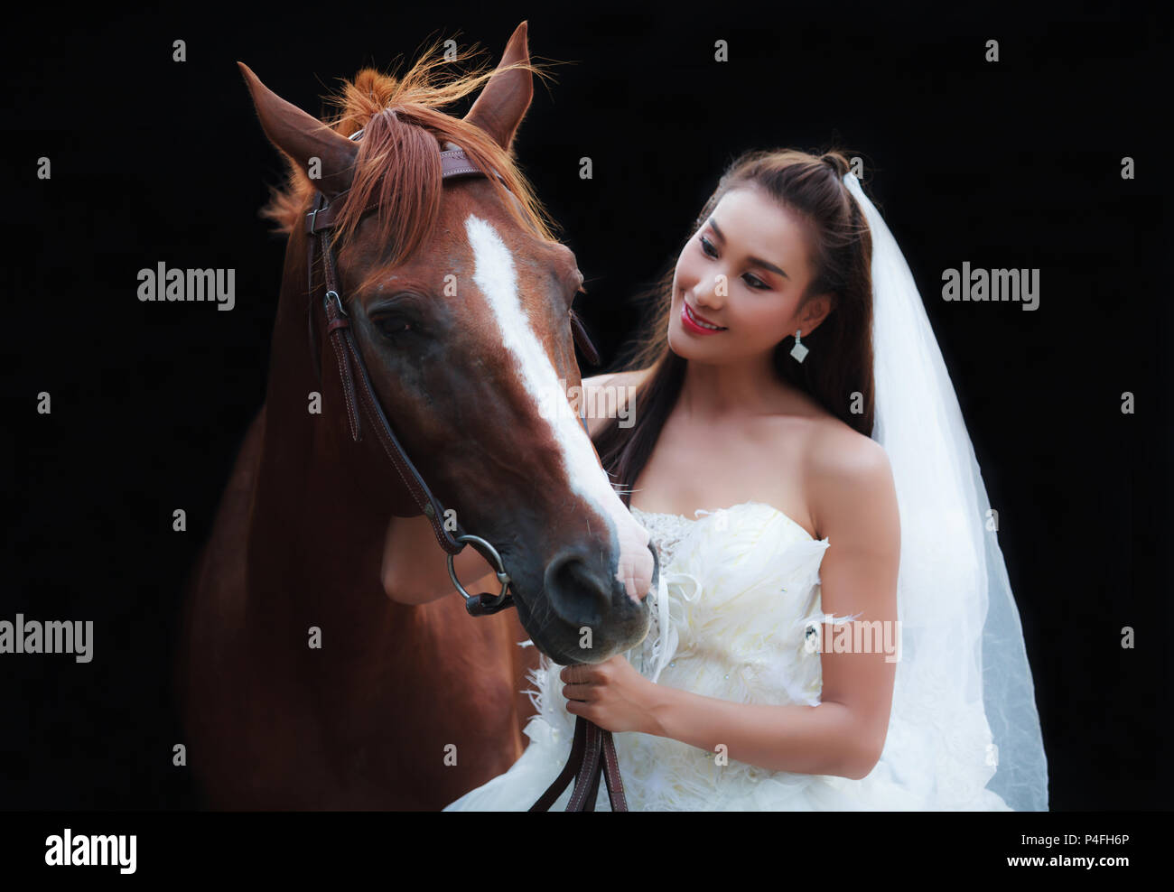 Junge schöne Schönheit Braut fashion White Wedding Kostüm stehen mit den stattlichen Pferd auf schwarzem Hintergrund Stockfoto