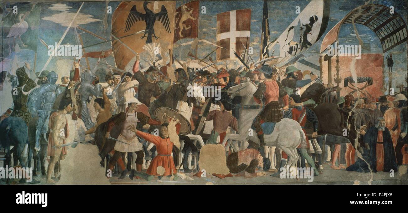 Der Sieg des Herakleios und die Ausführung von Chosroes, 628 AD, vom Wahren Kreuz Zyklus - 1455/66 - 329 x 742 cm Fresko. Autor: Piero della Francesca (C. 1415-1492). Lage: IGLESIA DE SAN FRANCISCO, Arezzo. Auch als: HISTORIA DE LA VERA CRUZ BATALLA DE HERACLIO Y COSROES EN EL AÑO 615 bekannt. Stockfoto