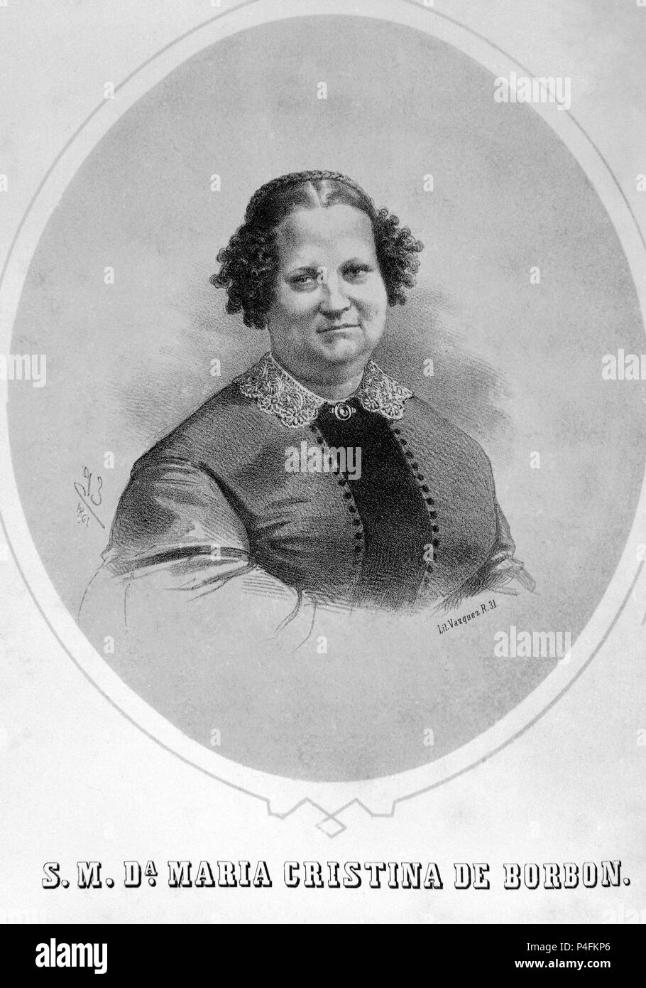 SU CARIDAD MARIA CRISTINA DE BORBON - LITOGRAFIA 1861. Autor: R.Vázquez (19.). Lage: MUSEO ROMANTICO - GRABADO, MADRID, SPANIEN. Stockfoto
