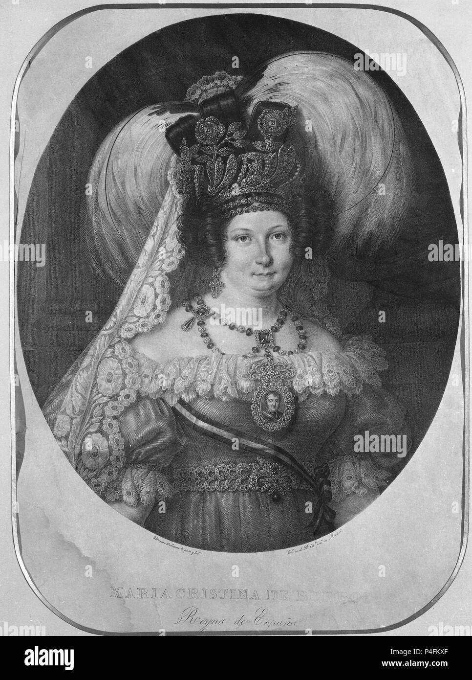 RETRATO DE MARIA CRISTINA REINA DE ESPAÑA - LITOGRAFIA S XIX. Lage: MUSEO ROMANTICO - GRABADO, MADRID, SPANIEN. Stockfoto