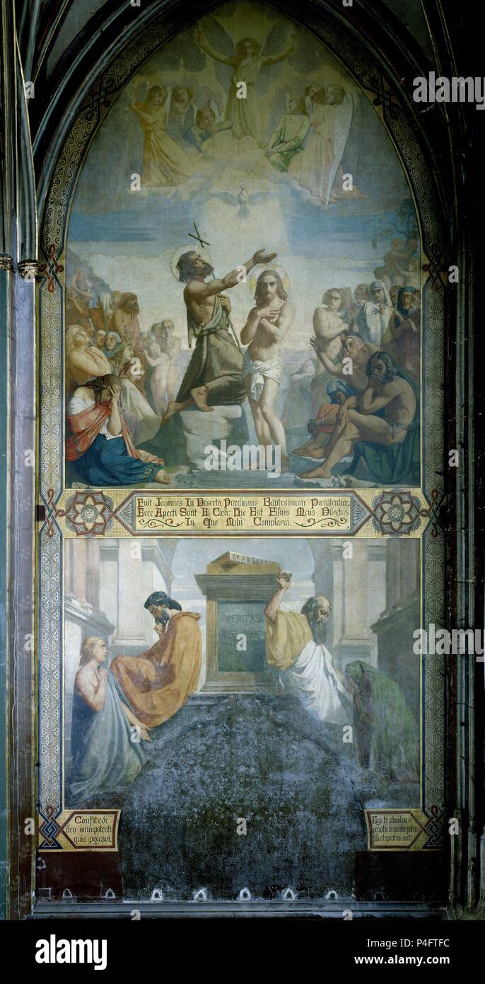 EL BAUTISMO DE CRISTO Y LA BEICHTE - 1842 - FRESCO. Autor: Henri Lehmann (1814-1882). Lage: IGLESIA SAINT MERRI, Frankreich. Stockfoto