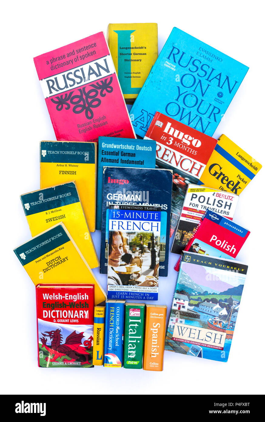 Fremdsprachige Wörterbücher und Fremdsprachenlernen Bücher. Stockfoto
