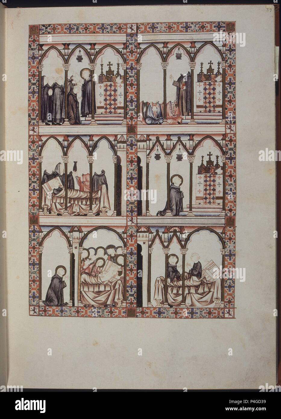 MS B. R. 20-CANTIGA STA MARIA Nº 204 - F39 R-STO DOMINGO PIDE A LA VIRGEN POR LA CURACION DE ARCEDIANO-S. Autor: Alfons X. von Kastilien, der Weise (1221-1284). Lage: COLECCIÓN Biblioteca Nacional, Florenz, Italien. Stockfoto