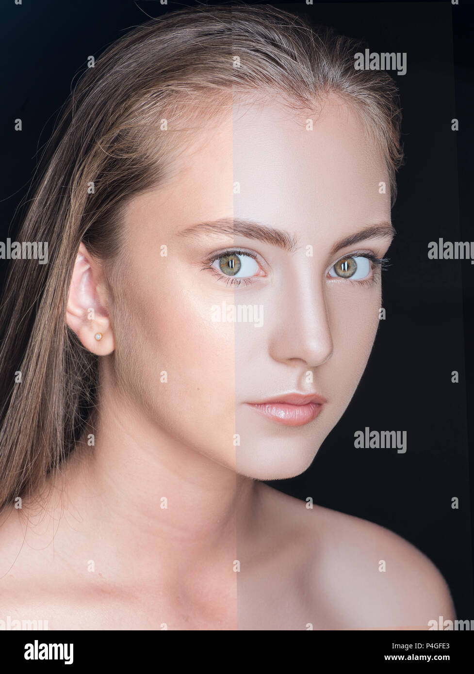 Portrait von adorable Teenager vor und nach der Hautpflege bei Camera isoliert auf Schwarz auf der Suche Stockfoto