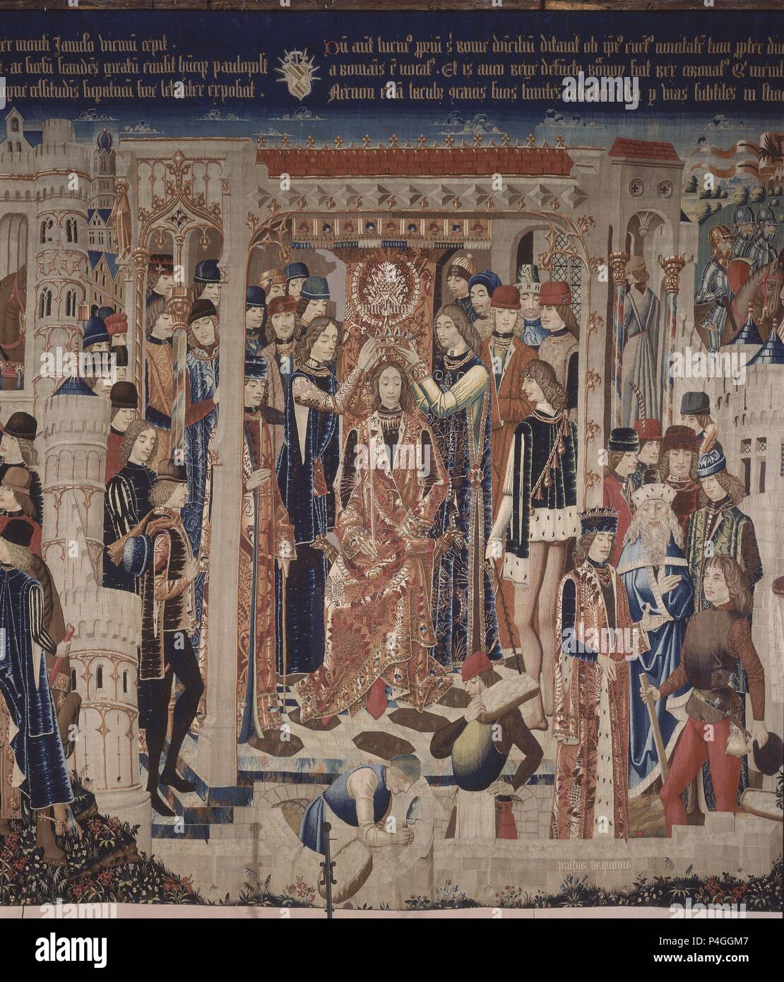 CORONACION DE TARQUINO PRISCO - las mejores Zentrale - TAPIZ DEL SIGLO XV-8,53 x 4,31 - TALLER DE TOURNAI - RESTAURADO. Autor: TALLER DE TOURNAI. Lage: CATEDRAL - Museo Diocesano, Zamora, Spanien. Stockfoto