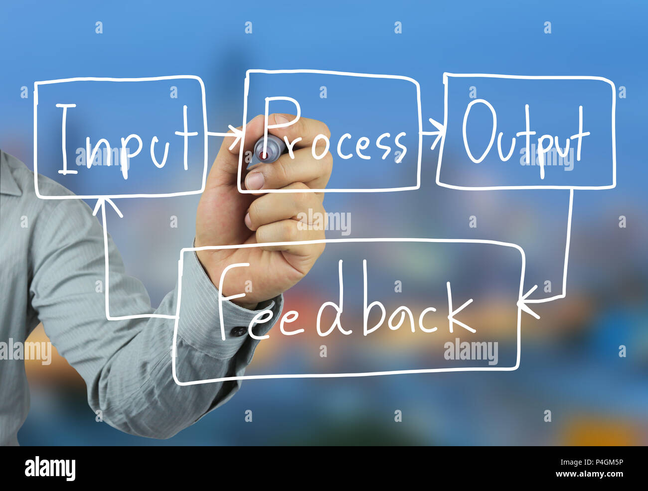 Hand eines Geschäftsmannes schreiben ein Geschäftskonzept Text von Feedback Idee auf einem blauen Hintergrund für Design in ihre Arbeit Präsentation. Stockfoto