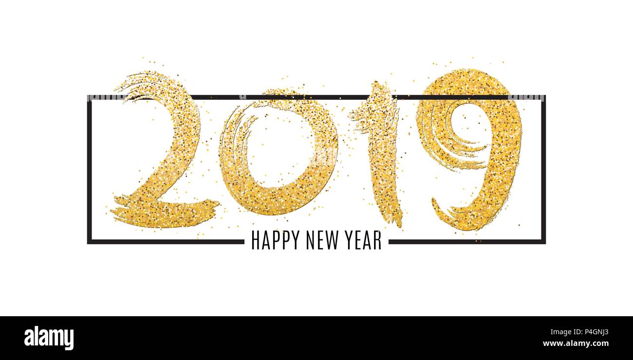 Frohes neues Jahr 2019. Die Zahl der goldenen glitzert in Rahmen auf einem weißen Hintergrund. Gold glänzt. Hand gezeichnet. Gold Kalligraphie. Pinsel in grunge Stil. Ve Stock Vektor