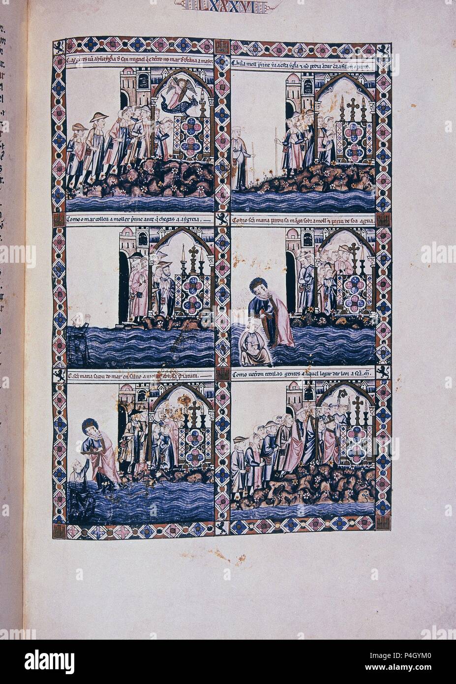 MTI 1 - CANTIGA DE SANTA MARIA Nº 86-F127R - SALVACION DE UNA MUJER PREÑADA QUE TIENE EL HIJO DENTRO DE LAS OLAS - SIGLO XIII. Autor: Alfons X. von Kastilien, der Weise (1221-1284). Lage: MONASTERIO - BIBLIOTECA - COLECCION, SAN LORENZO DEL Escorial, Madrid, Spanien. Stockfoto