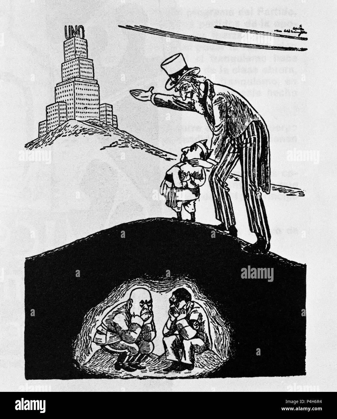 CARICATURA IRONIZANDO EL PAPEL DE ESTADOS UNIDOS Y LA ONU EN LA APERTURA DEL REGIME FRANQUISTA EN LOS AÑOS 50. Lage: Fundación Pablo Iglesias, MADRID, SPANIEN. Stockfoto