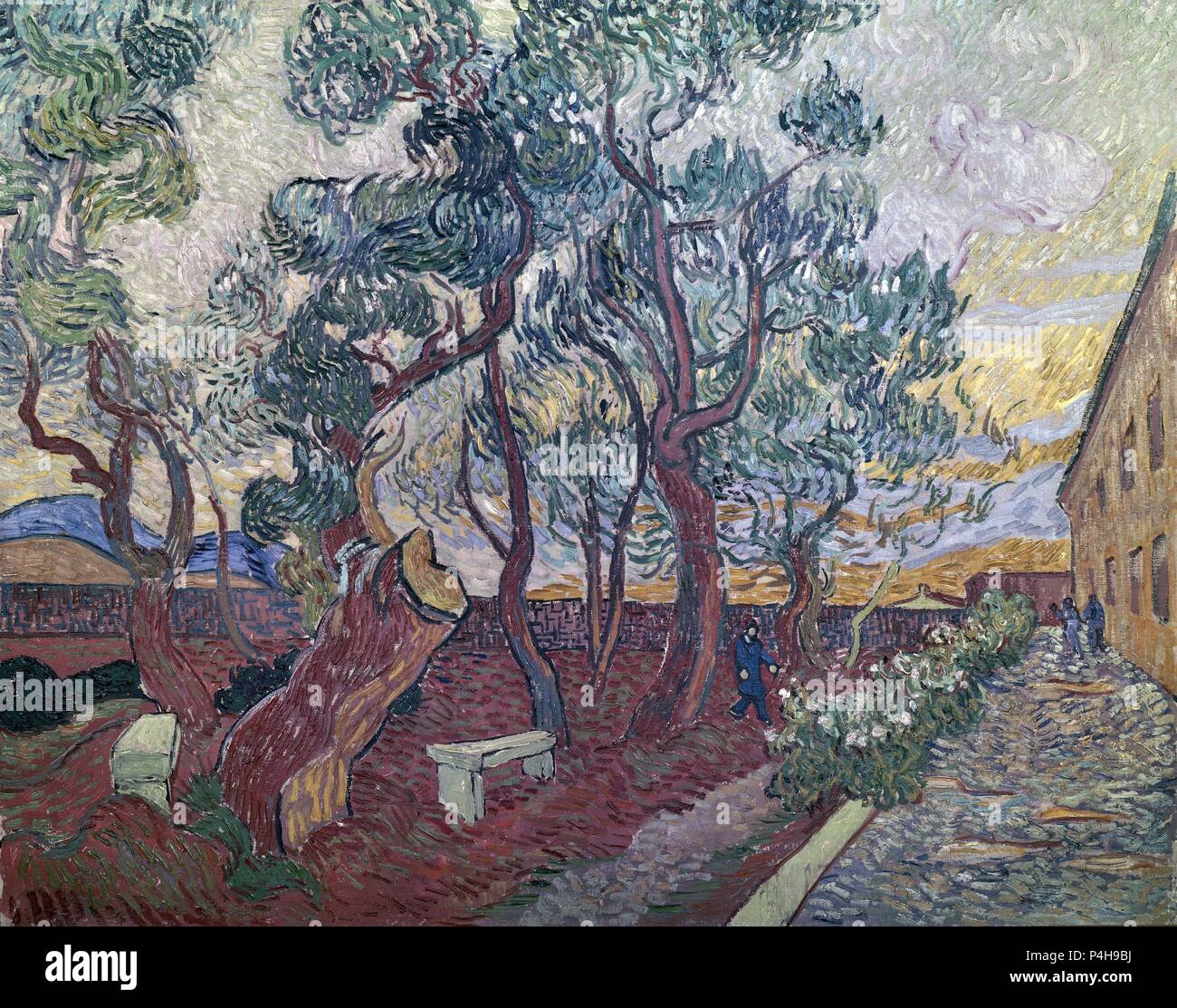 Der Garten von St. Paul's Hospital in St. Remy - 1889 - 73,1 x 92,6 cm, Öl auf Leinwand. Autor: Vincent van Gogh (1853-1890). Ort: Museum Folkwang, Essen, Deutschland. Auch als: JARDIN DEL HOSPITAL DE SAINT-PAUL bekannt. Stockfoto