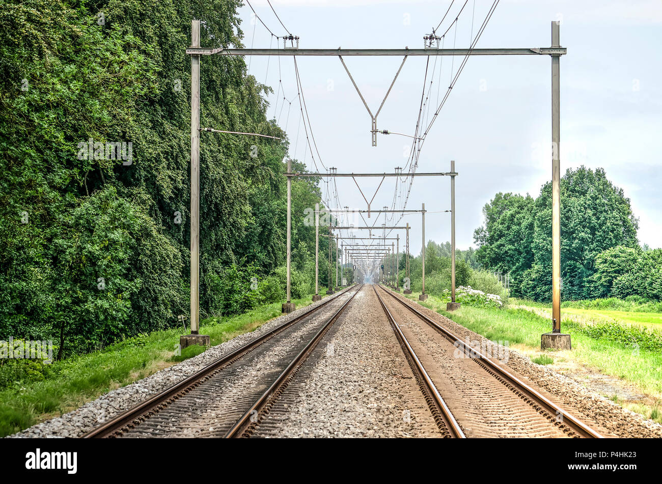 Perfekt gerade zweigleisige Bahnstrecke zwischen Deventer und Zwolle in den Niederlanden Stockfoto