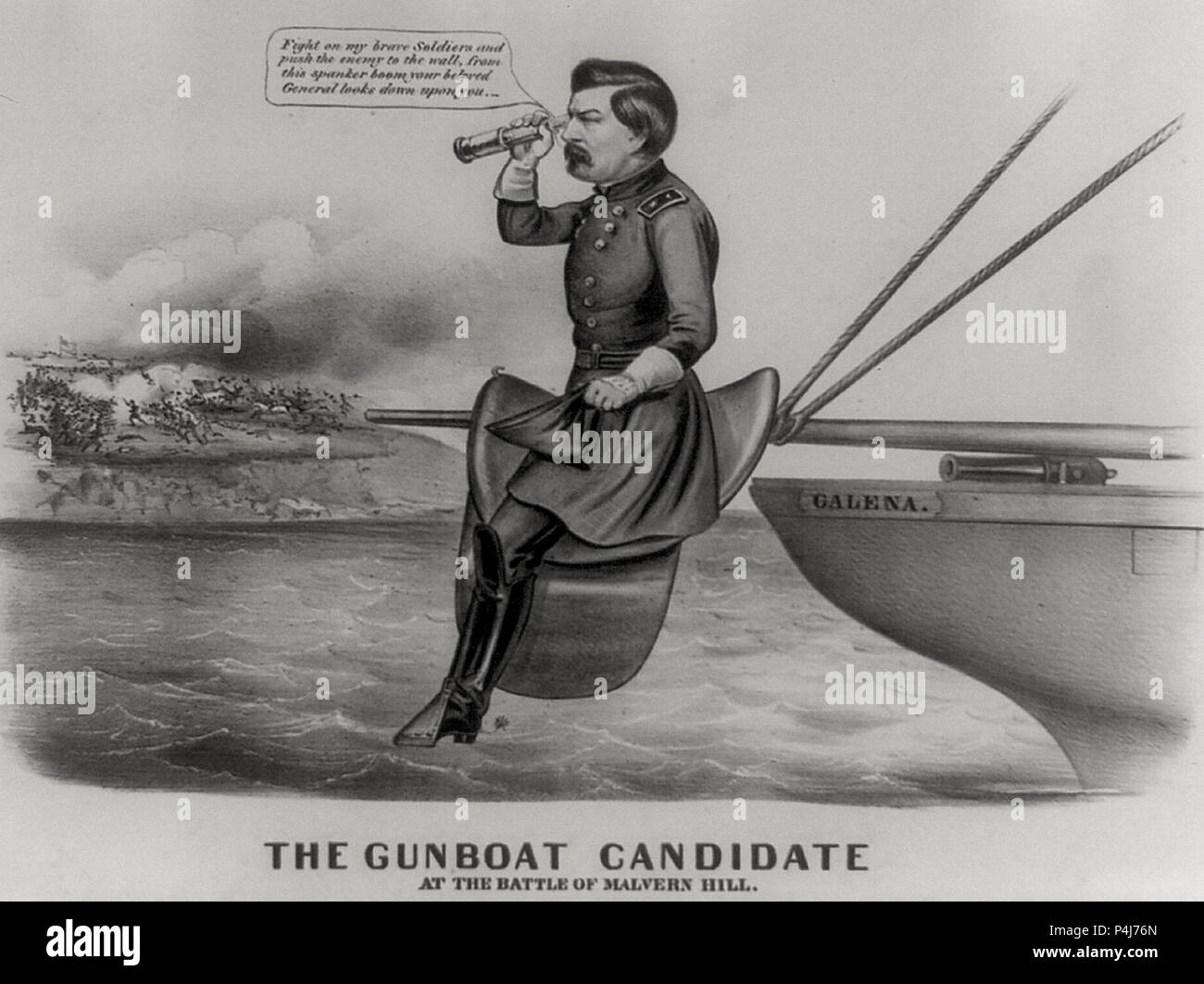 Das kanonenboot Kandidat bei der Schlacht am Malvern Hill - Demokratische Präsidentschaftskandidat George Brinton McClellan ist verspottet als inkompetent militärischer Führer. Er sitzt in einen Sattel auf den Boom der Union gepanzerte Schiff "Galena montiert.' 1864 Präsidentschaftswahlkampf Stockfoto