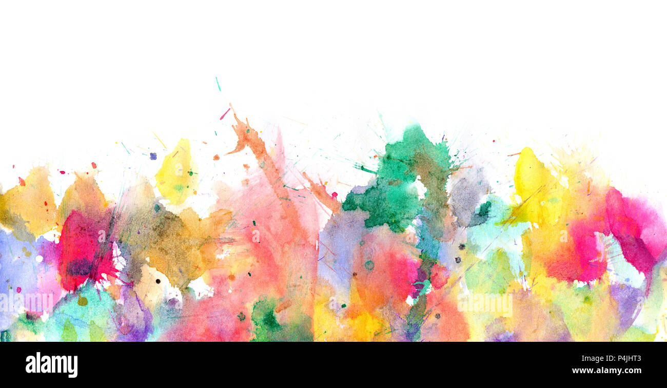 Aquarelle Splatters, Splinter, Flecken, blots und Blobs auf Papier Stockfoto