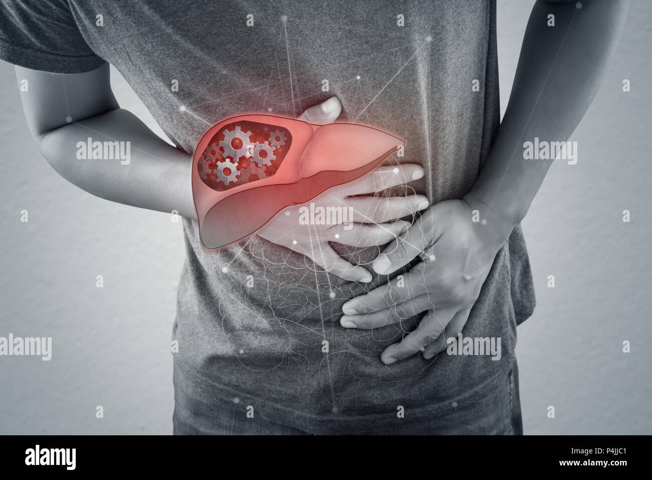 Das Foto der Dickdarm ist auf den Körper des Menschen gegen den grauen Hintergrund, Menschen mit Magenschmerzen problem Konzept, männliche Anatomie Stockfoto