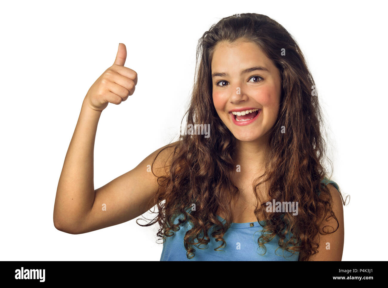 Schöne teenage Mädchen lächelnd und tun die Daumen - Anmelden Stockfoto
