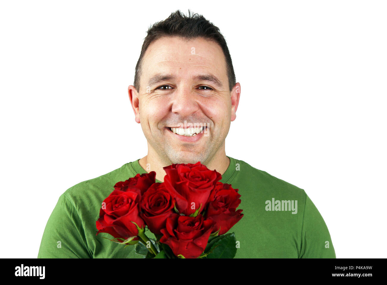 Romantischer Mann mit Strauß roter Rosen Stockfoto