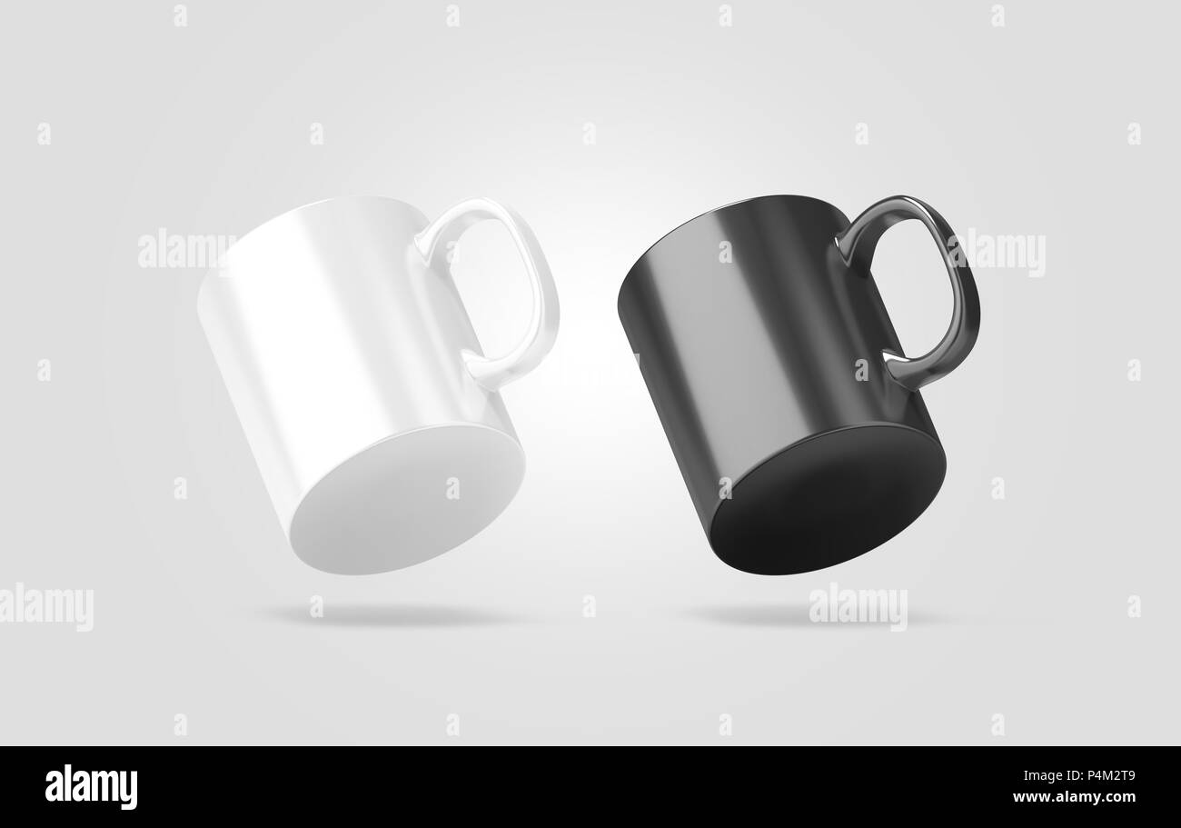 Leere schwarze und weiße Glas mug Mockup isoliert, keine Schwerkraft, 3D-Rendering. Klar 11 ml Kaffee Tasse mock up für Sublimationsdruck. Leere Geschenkbox pi Stockfoto