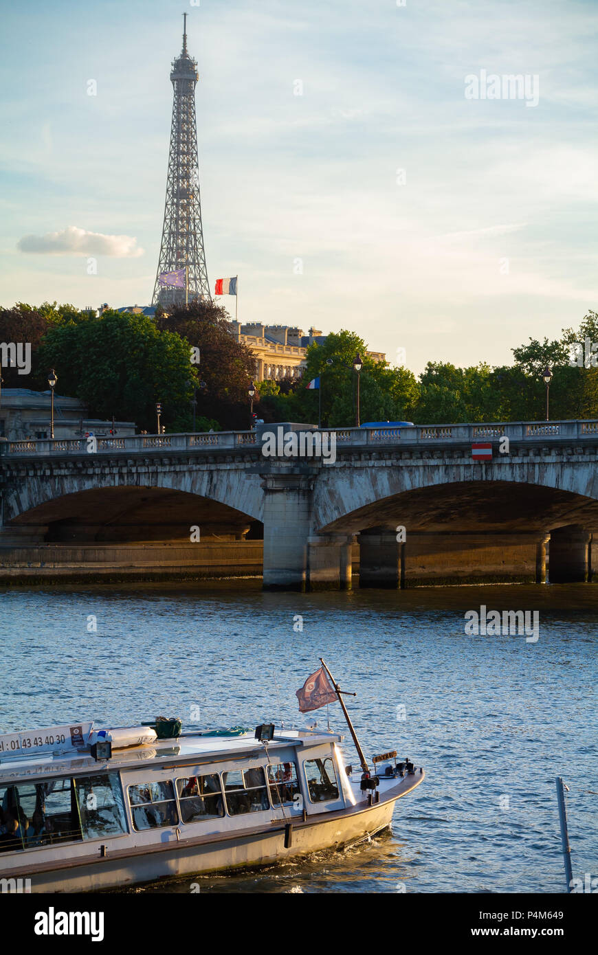 Boot durch Brücke mit Blick auf Eiffelturm, Paris, IDF, Frankreich Stockfoto