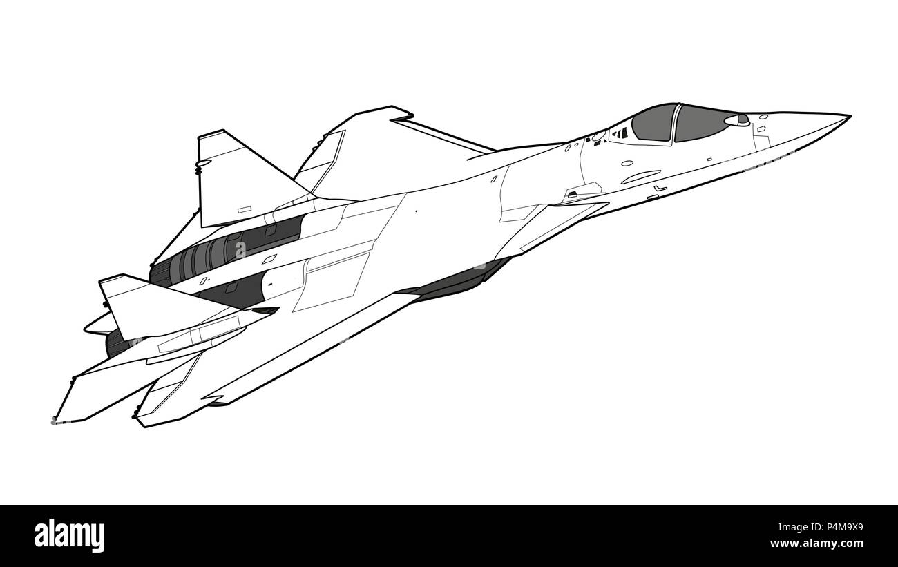 Die neueste russische Kampfjets, Helikopter SU-57, T-50. Technisches Zeichnen. Auf weissem Hintergrund. Stock Vektor