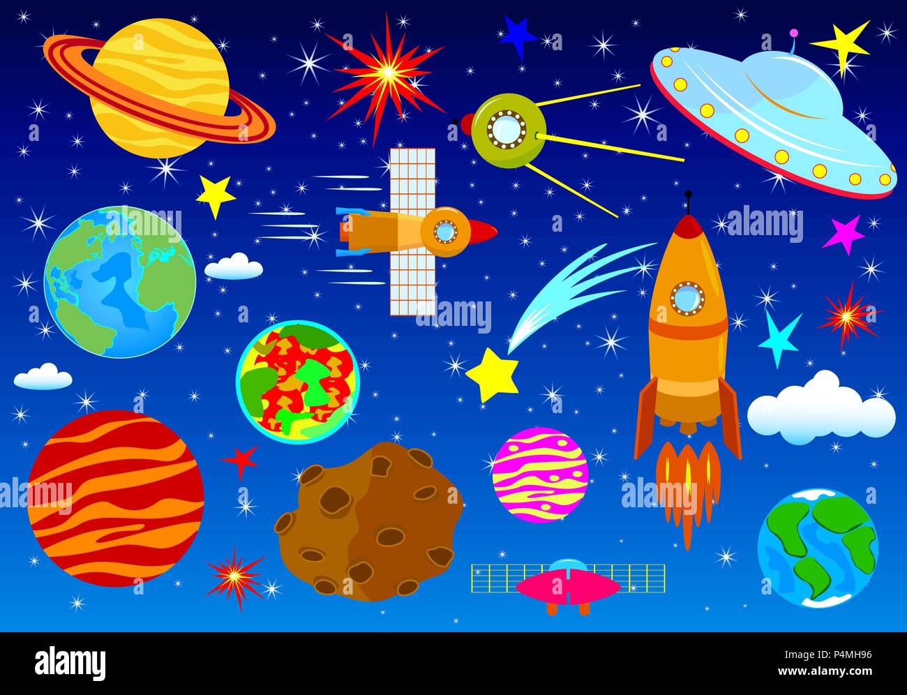Eine Reihe von astronomischen Elemente vor dem Hintergrund der Nacht Sternenhimmel. Platz gesetzt. Elemente auf dem Thema Weltraum. Stock Vektor