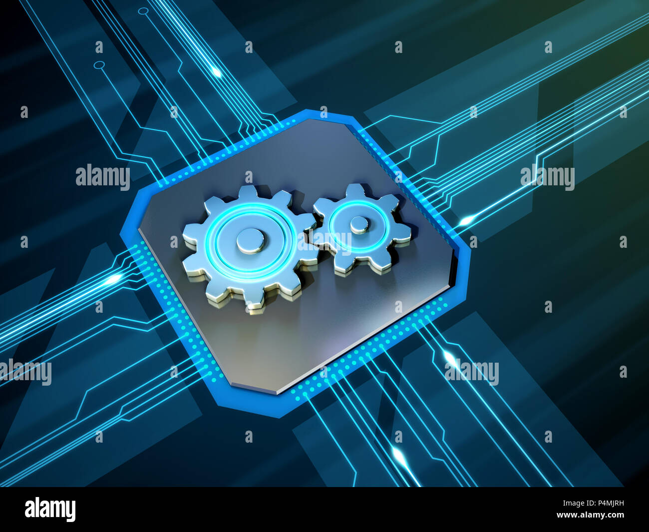 Einige Gänge über eine gedruckte Schaltungen. 3D-Darstellung. Stockfoto