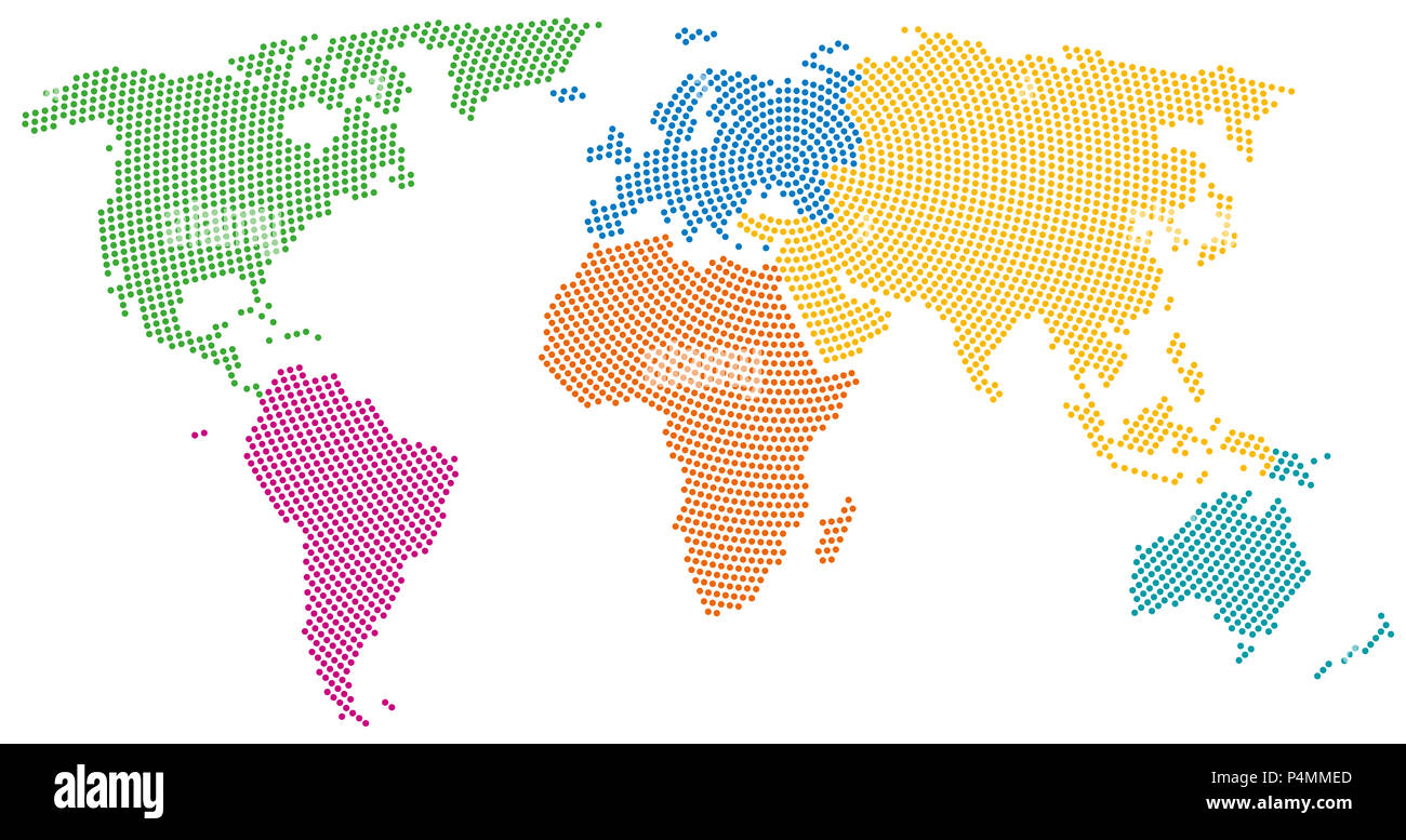 Kontinente der Welt, radial Dot Pattern, auf weißem Hintergrund. Farbige Punkte gehen von der Mitte nach außen, die Silhouette und Umrisse der Erde. Stockfoto