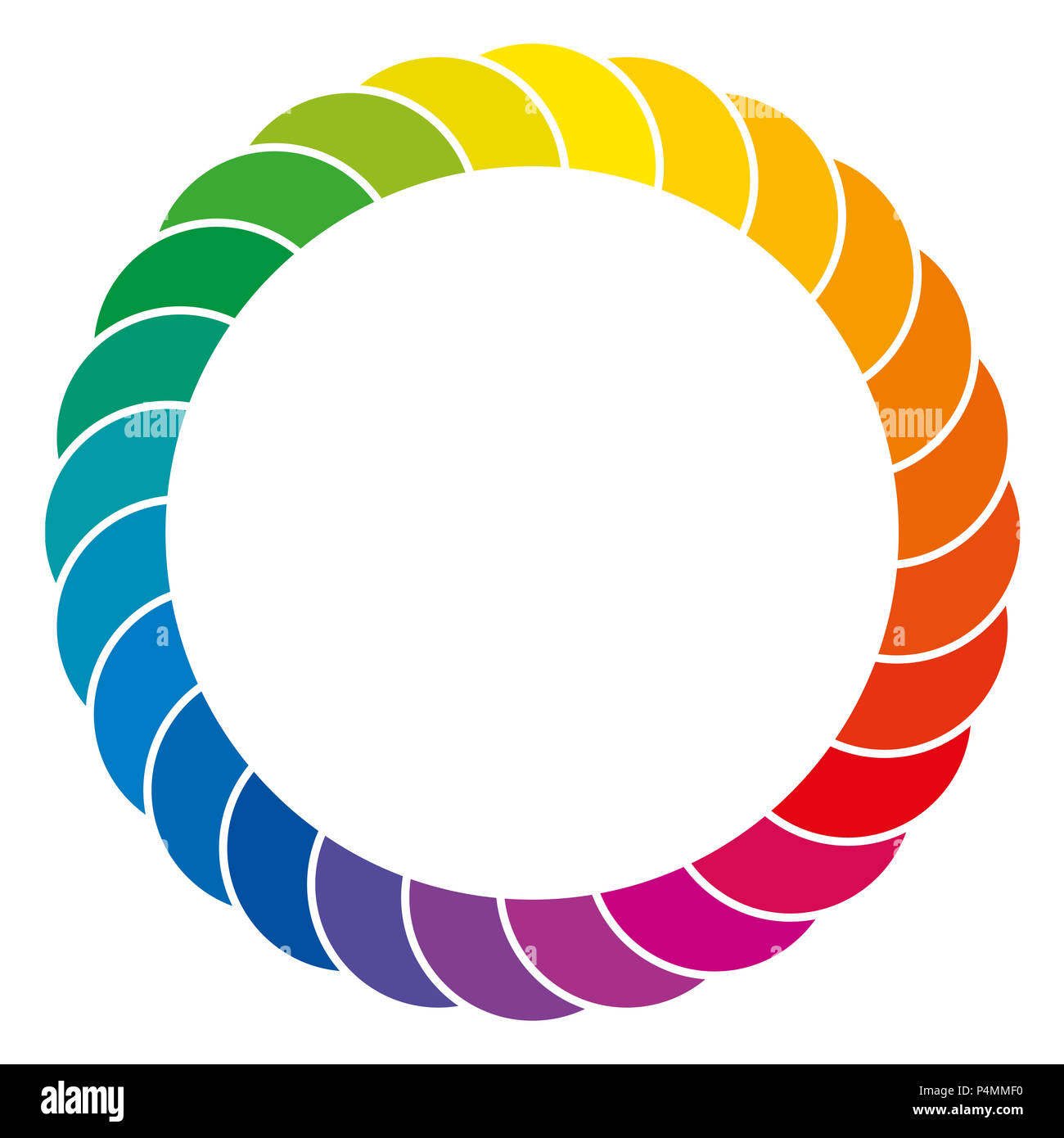 Regenbogen farbigen Hintergrund. Bunte Raum und Kreis aus sich überlappenden Segmenten des Farbspektrums, durch weiße Linien getrennt. Isoliert. Stockfoto