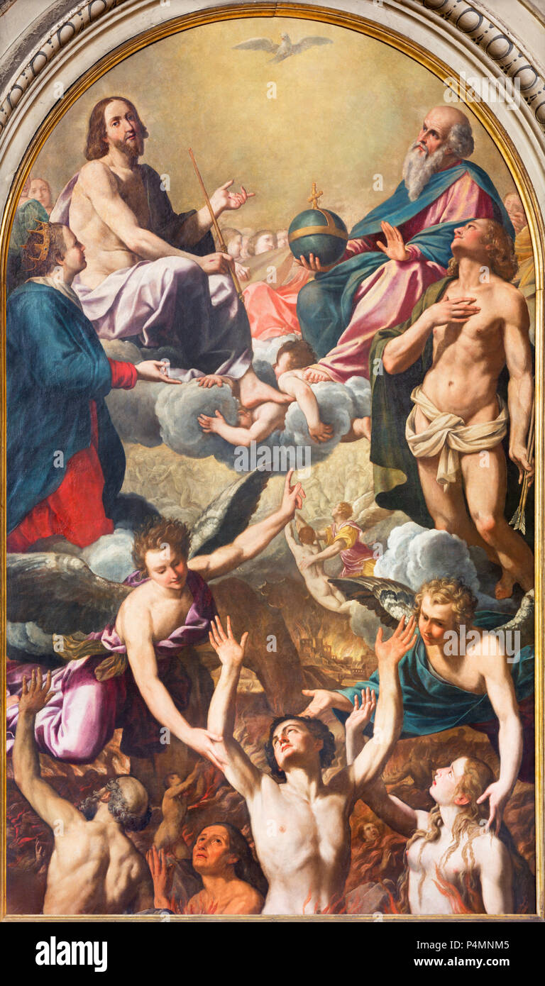Modena - die Gemälde der Heiligen Dreifaltigkeit, Jungfrau Maria, St. Sebastinan und die Seelen im Fegefeuer in der Kirche Chiesa di Santa Maria della Pomposa Stockfoto