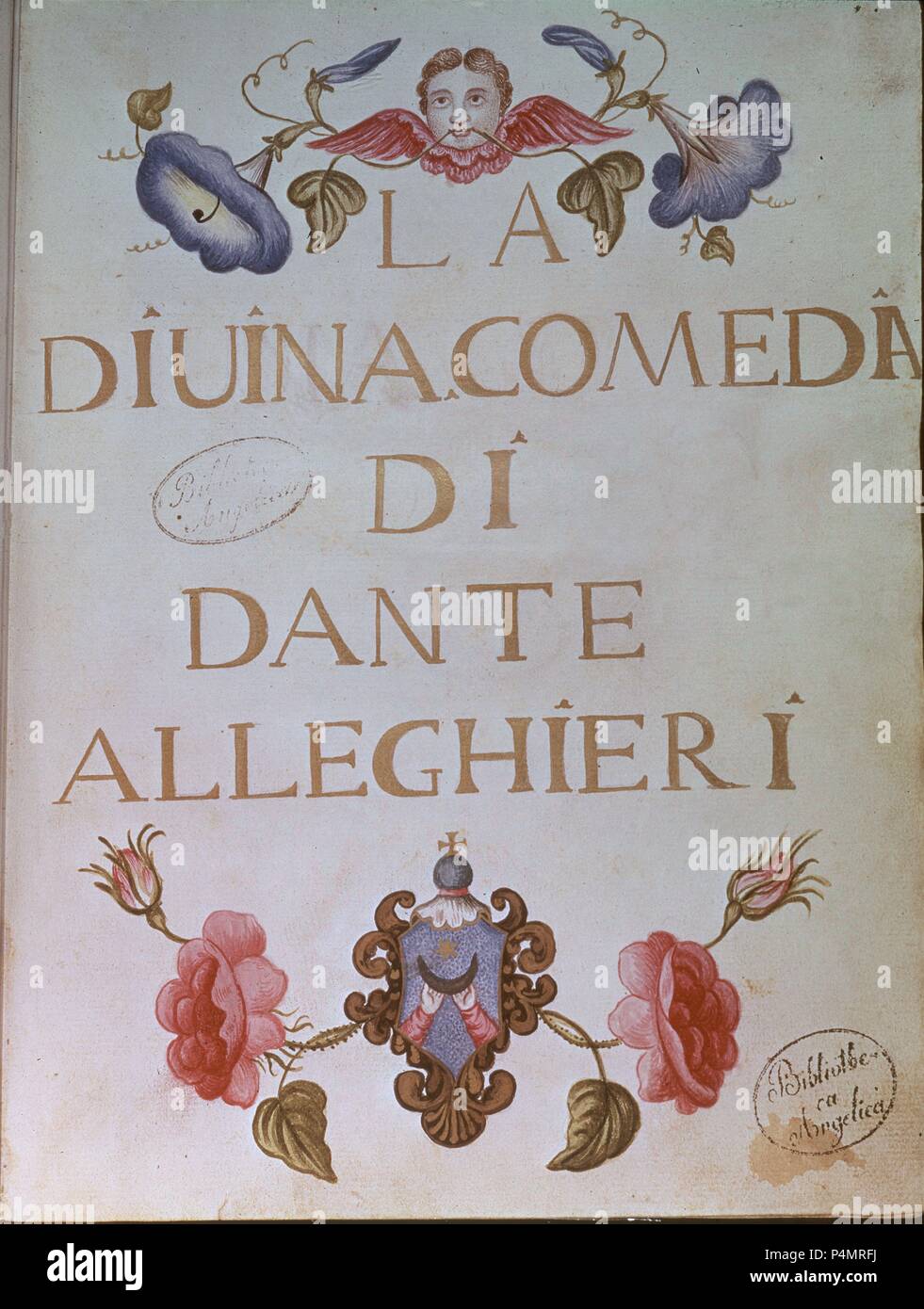 DIVINA COMEDIA - PORTADA DE LA PRIMERA EDICION. Autor: Dante Alighieri (1265-1321). Lage: Biblioteca Apostolica - COLECCION, VATICANO. Stockfoto