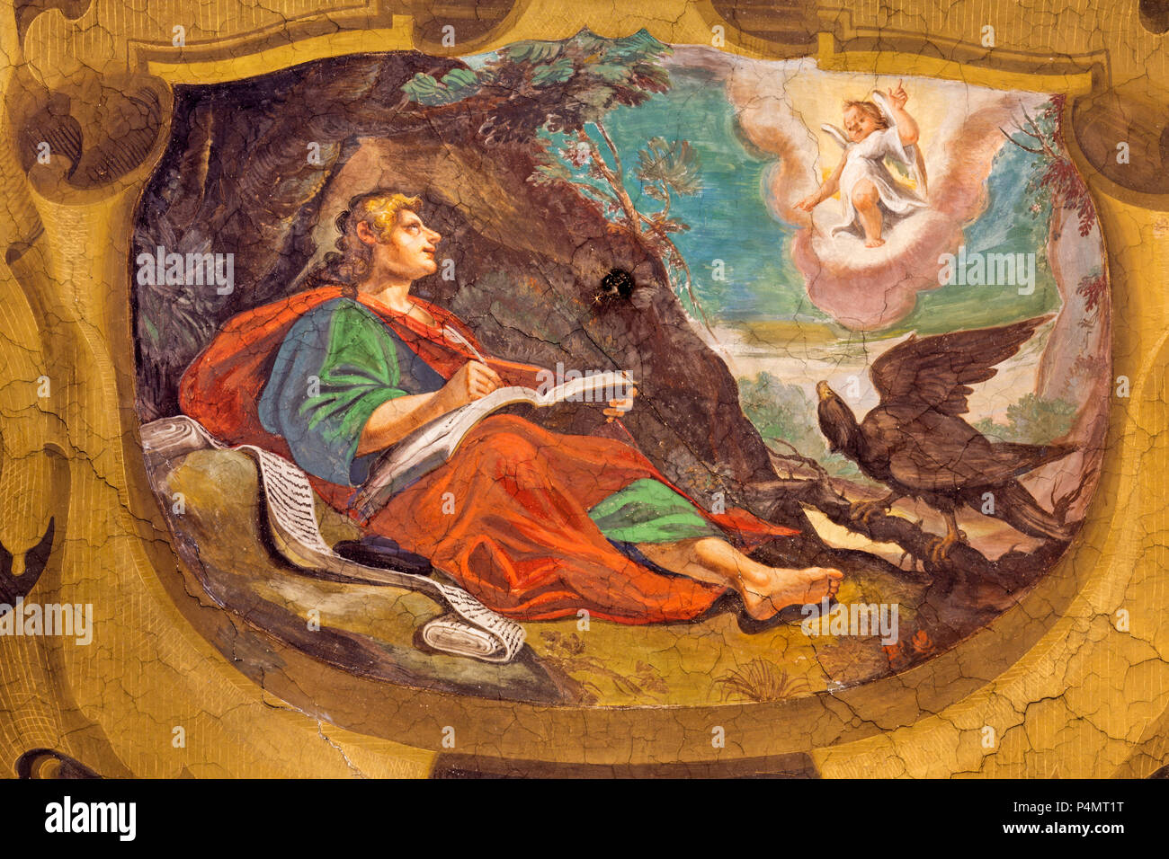 REGGIO EMILIA, Italien - 13 April, 2018: Das Fresko der Vision des Evangelisten Johannes auf der Insel Patmos in der Kirche Chiesa di San Giovanni Evangelis Stockfoto