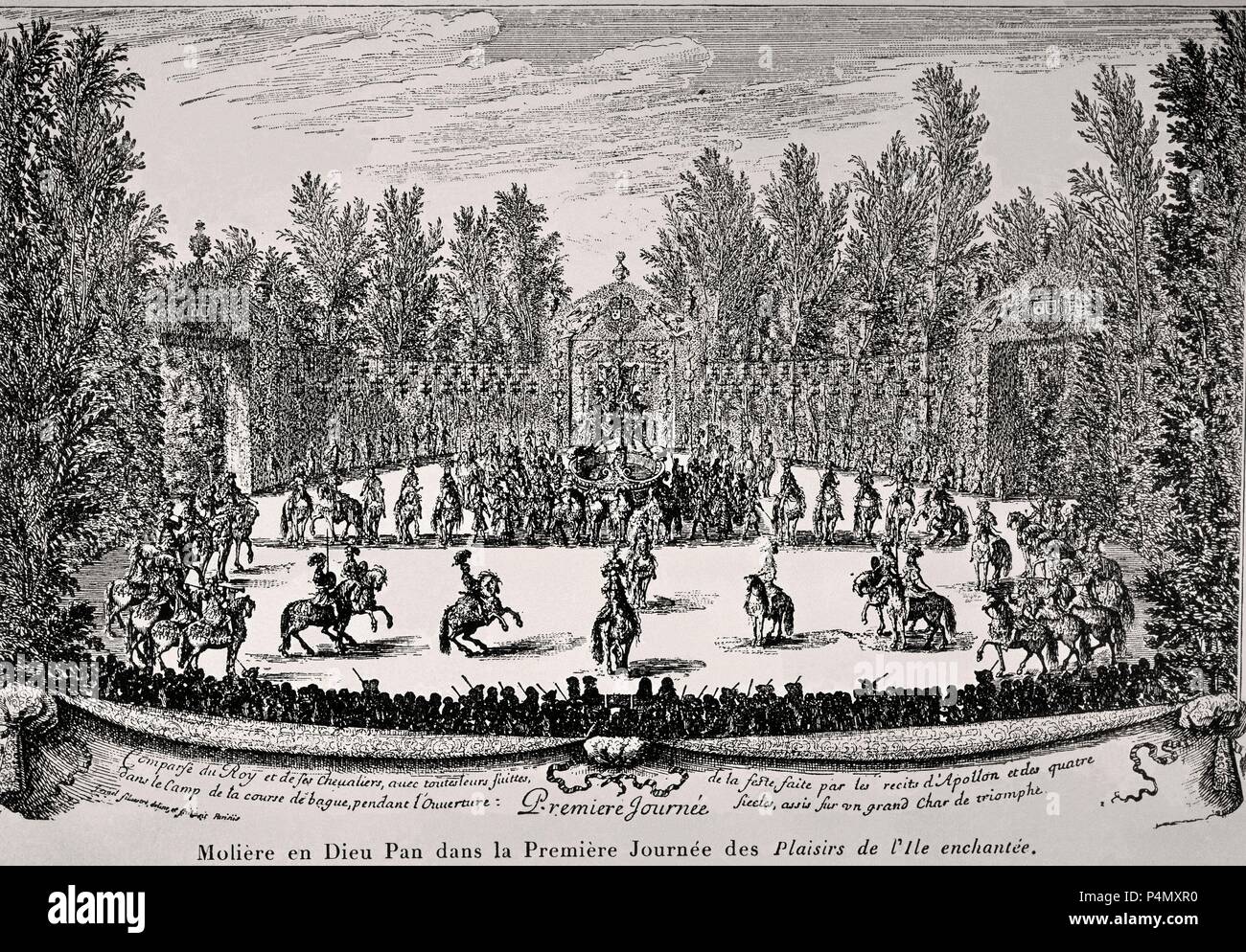 Szene der Freuden der verzauberten Insel, Spielen von Molière (Jean-Baptiste Poquelin) (1622-1673), französischer Theater Autor und Schauspieler geschrieben.. 1664. Gravur. Barcelona, Bibliothek von Katalonien. Autor: moliere. Lage: BIBLIOTECA DE CATALUNYA - COLECCION, BARCELONA, SPANIEN. Stockfoto