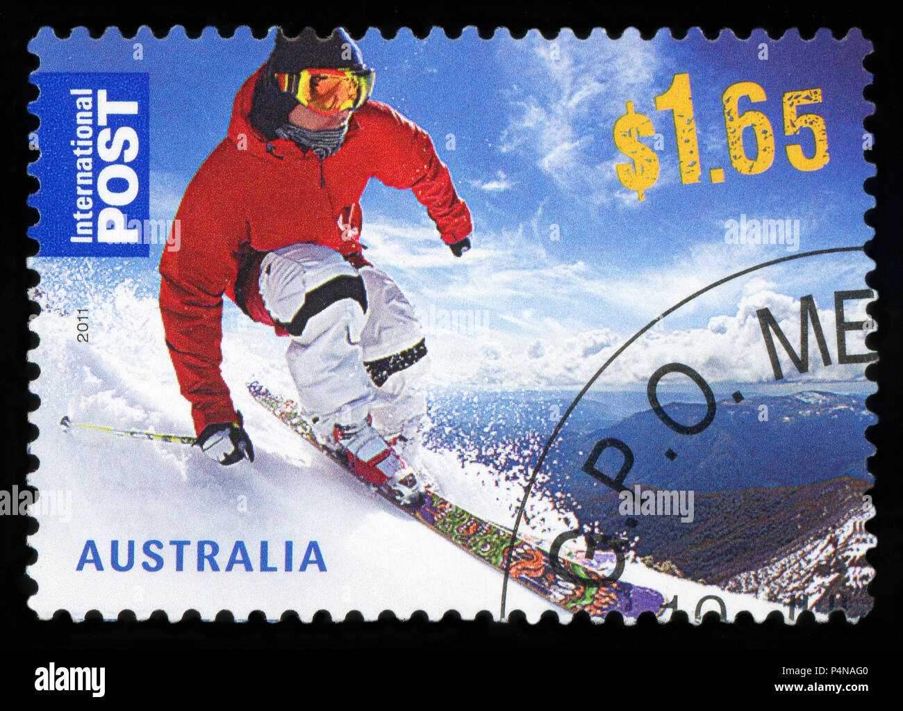 Australien - ca. 2011: eine stornierte Briefmarke aus Australien, Skifahren in Australien, im Jahr 2011 herausgegeben. Stockfoto