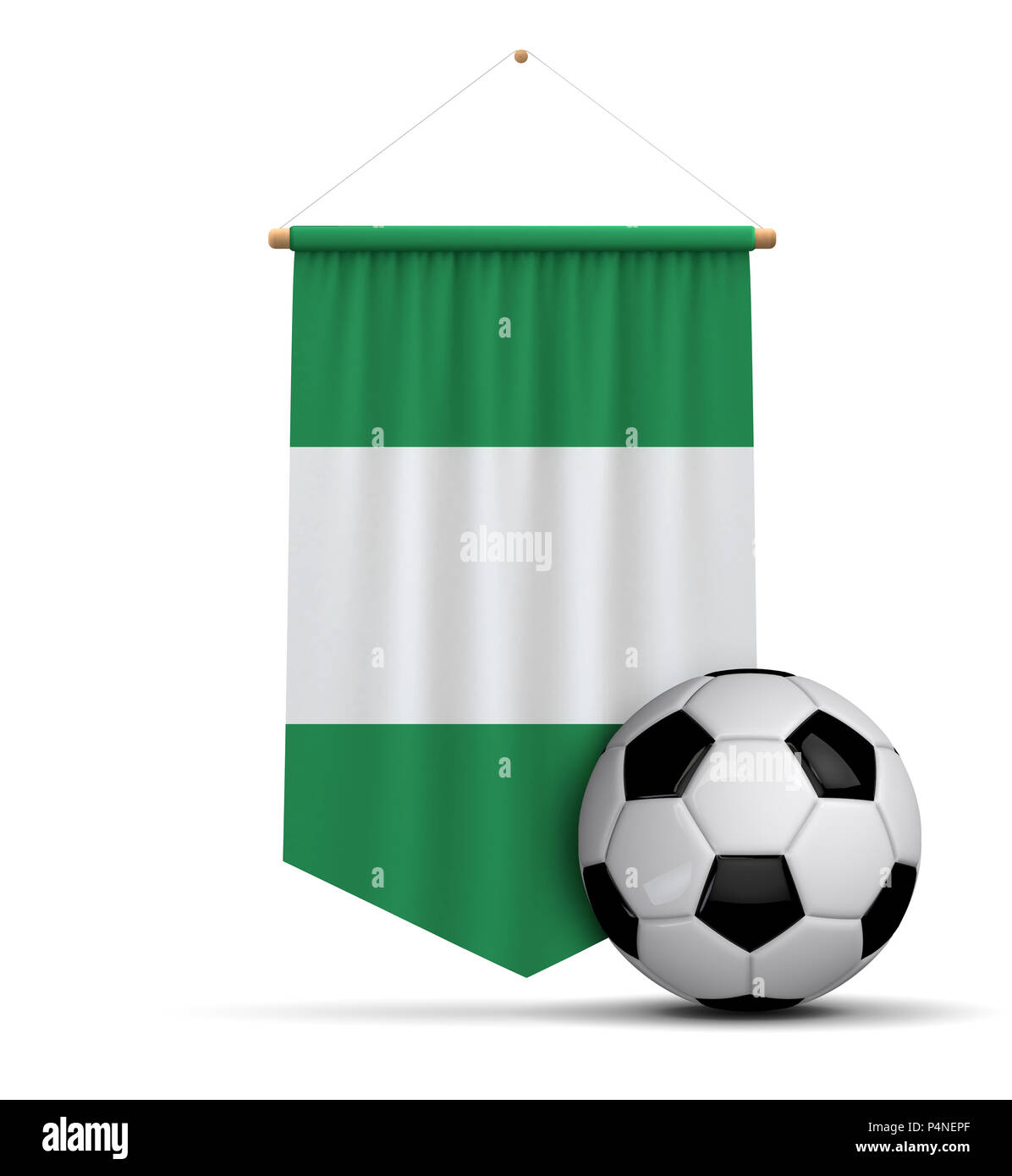 NIgeria Flagge Tuch hängen Banner mit Fußball. 3D-Rendering Stockfoto