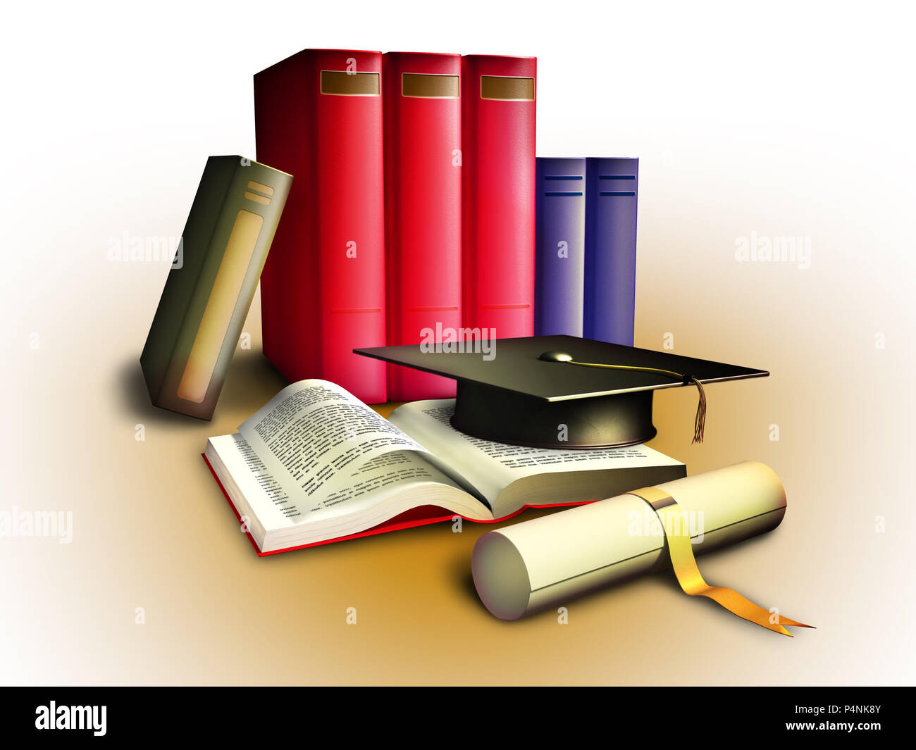 Diplom, einige Bücher und eine Hochschule hat, Bildung Konzept. Beschneidungspfad enthalten thema von hintergrund zu isolieren. Digitale Illustration. Stockfoto