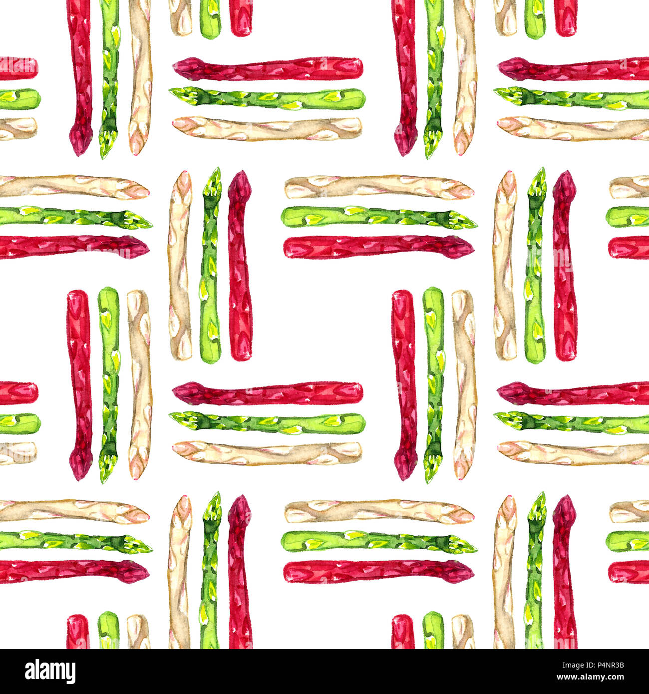 Spargel Grün, Rot (lila) und weissen Keimen, nahtlose Muster Handgemalten Aquarell Abbildung Stockfoto