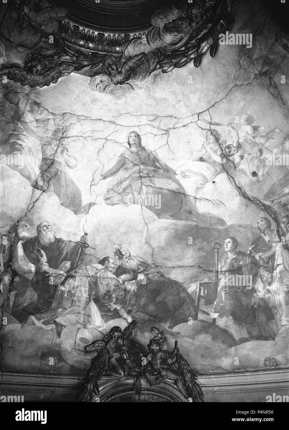 VIRGEN CON LOS ANGELES SAN PEDRO Y SAN PABLO SAN VICENTE, SAN VALERO Y SAN LORENZO - CUPULA REGINA MARTIRUM - 1780-1781 - FOTO B/N-Años 50. Autor: Francisco de Goya (1746-1828). Lage: Basilica del Pilar, Saragossa, Saragossa Zaragoza, Spanien. Stockfoto