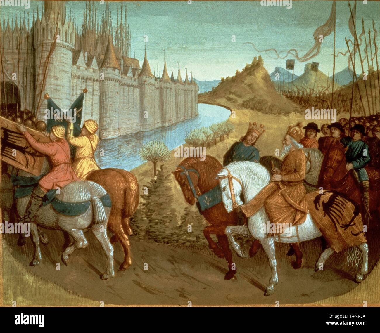 LUIS VII DE FRANCIA Y 1121/1180 CONRADO III DE ALEMANIA 1093/1152 ENTRANDO EN CONSTANTINOPLA - 2 ª CRUZADA. Autor: Jean Fouquet (C. 1420-1481). Lage: National Library. Stockfoto