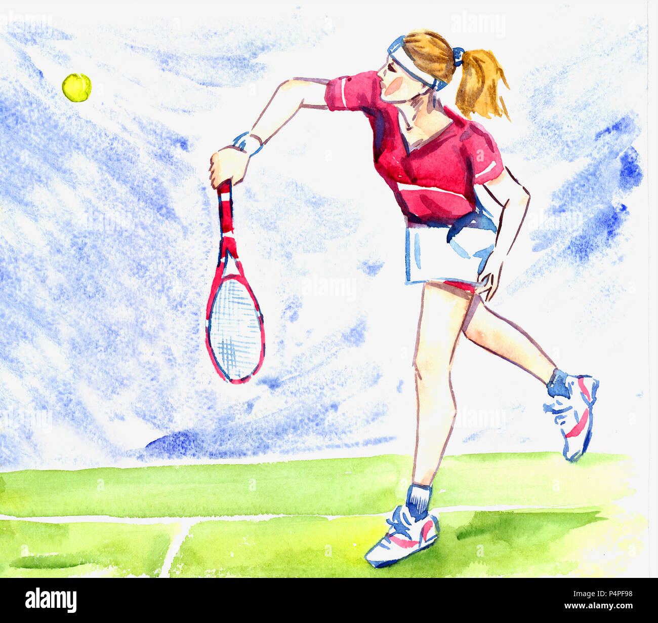 Athlet Frau tennis player schlägt den Ball vom Schläger auf dem Gericht an einem sonnigen Sommertag, Handgemalten Aquarell Abbildung Stockfoto